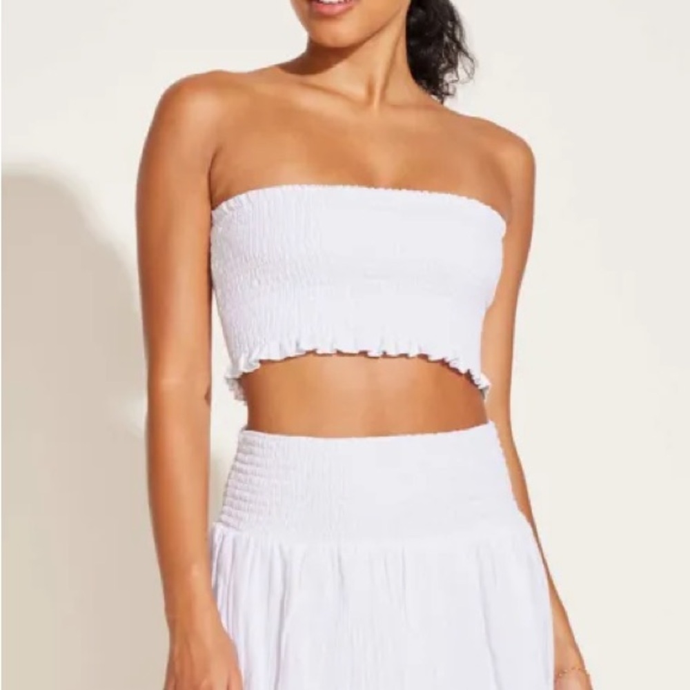 NWT Vitamin A Nya Smocked Strapless Cotton Bandeau Top in White Crinkle Linen